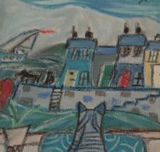 "Widok na morze z kotem", pastel suchy