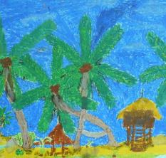 "Tropikalna plaża", pastel olejny