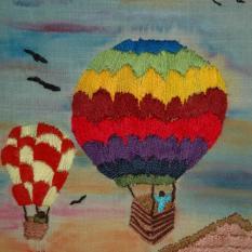 "Lot balonem", haft atłasowy na tle malowanym